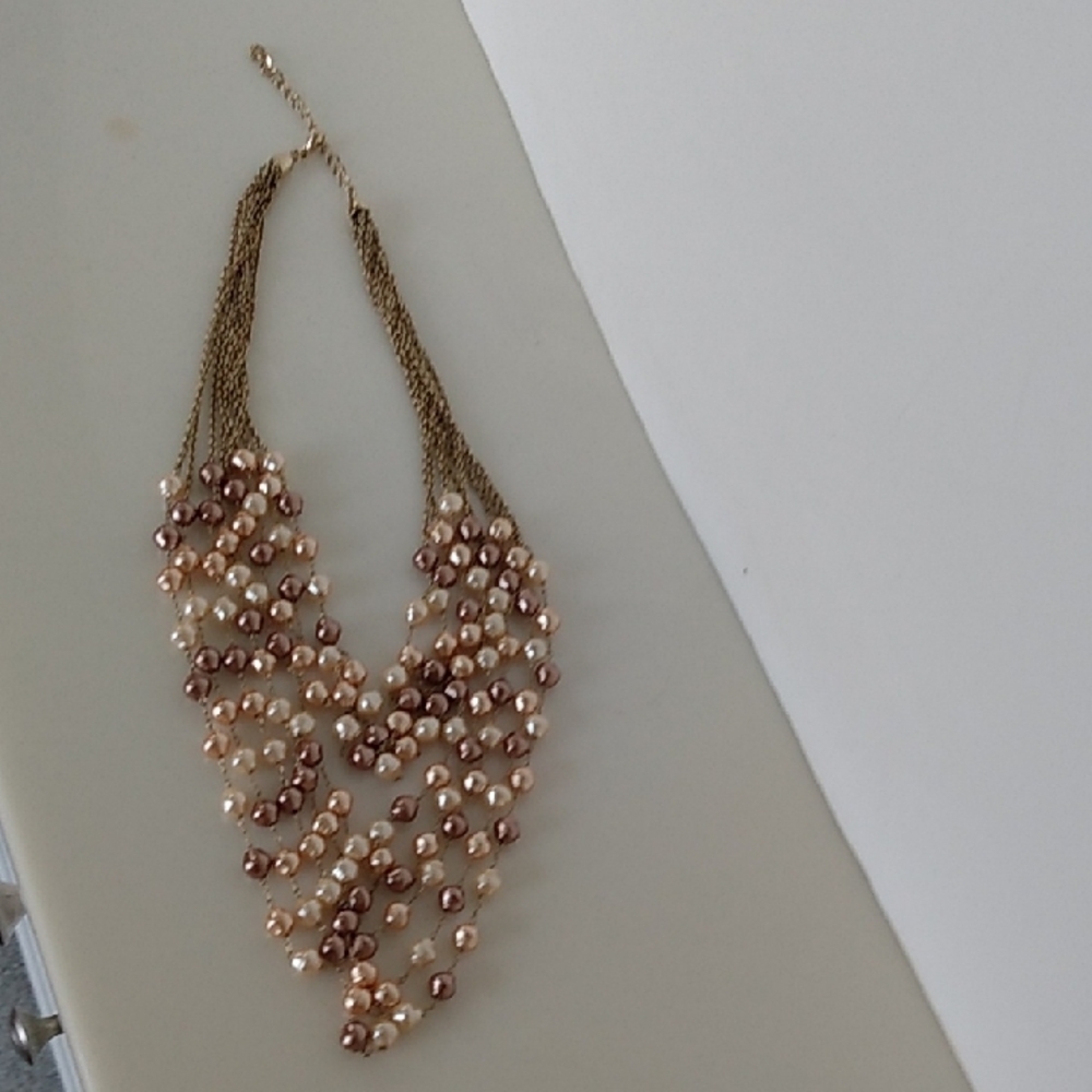 Pearl Chain Multi Strand Necklace Gold Tone Brown Ivory - Picture 6 of 11